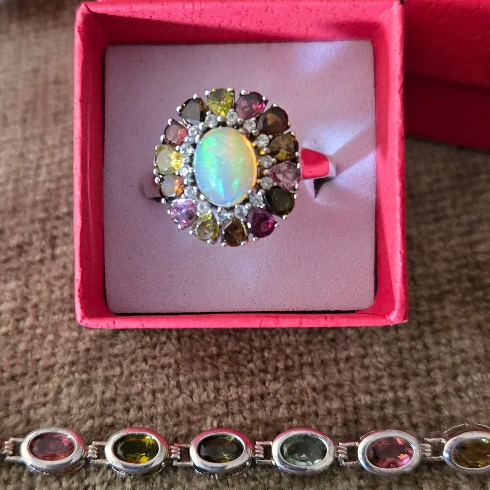 Opal and tourmaline ring/bracelet, 925 silver, size 10 - Picture 1 of 7